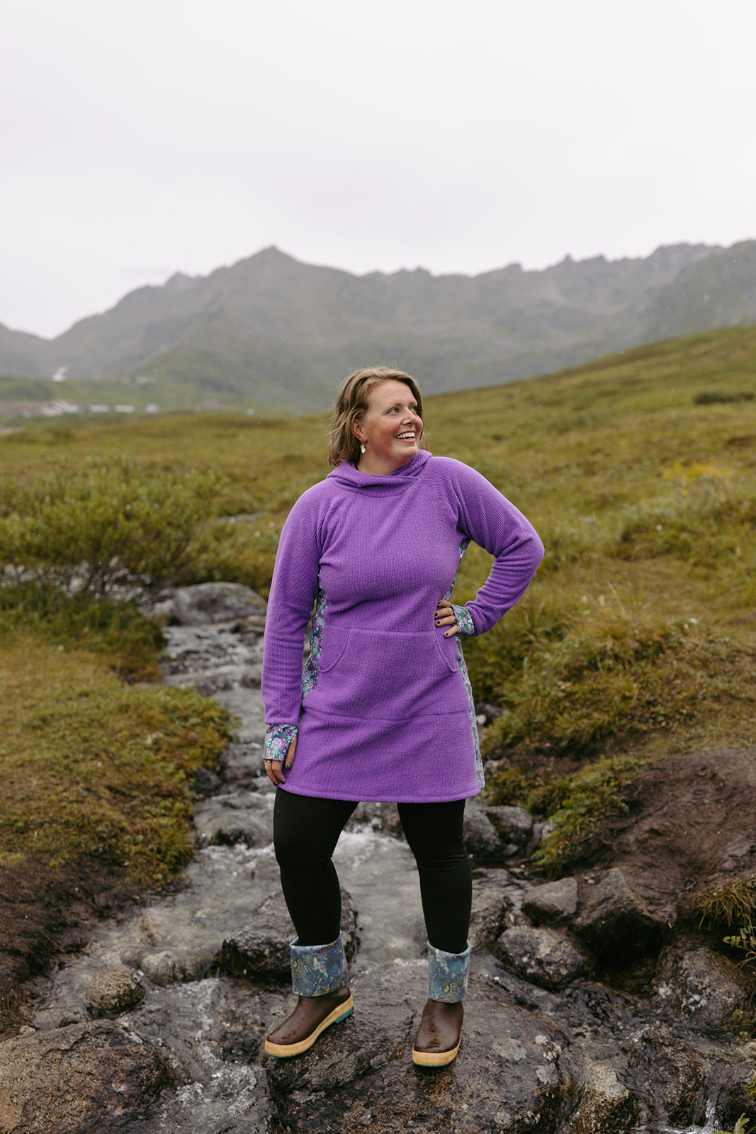 Fleece Treasure Dress in Alpenglow purple, front